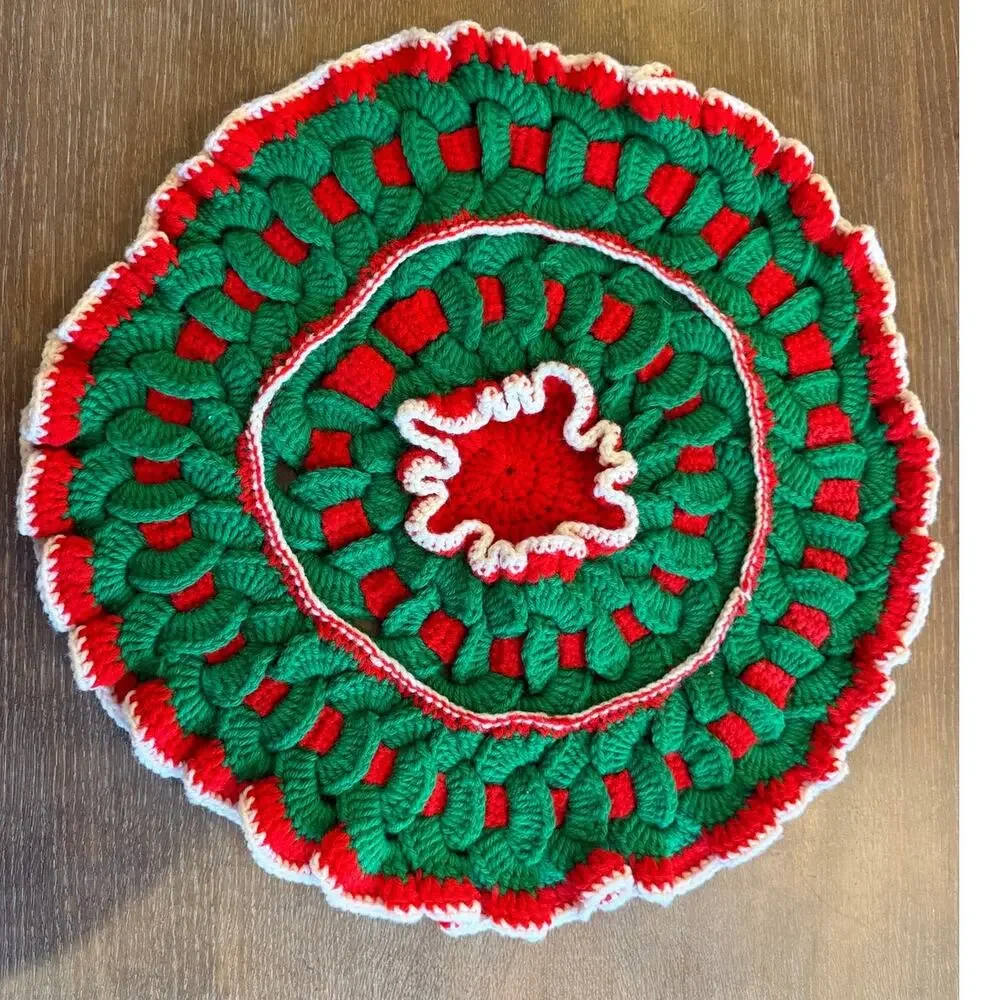 Vintage Hand-crocheted Red Green Holiday Christmas 20 inch Doily Hot Pad